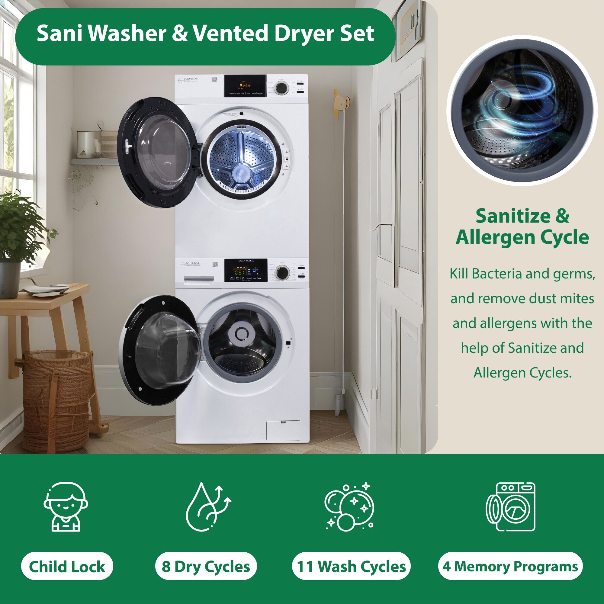 Equator 24 in. 1.9 cu. ft. Electric Front Load Laundry Center with Sanitize Cycle & Sensor Dry - White, , hires