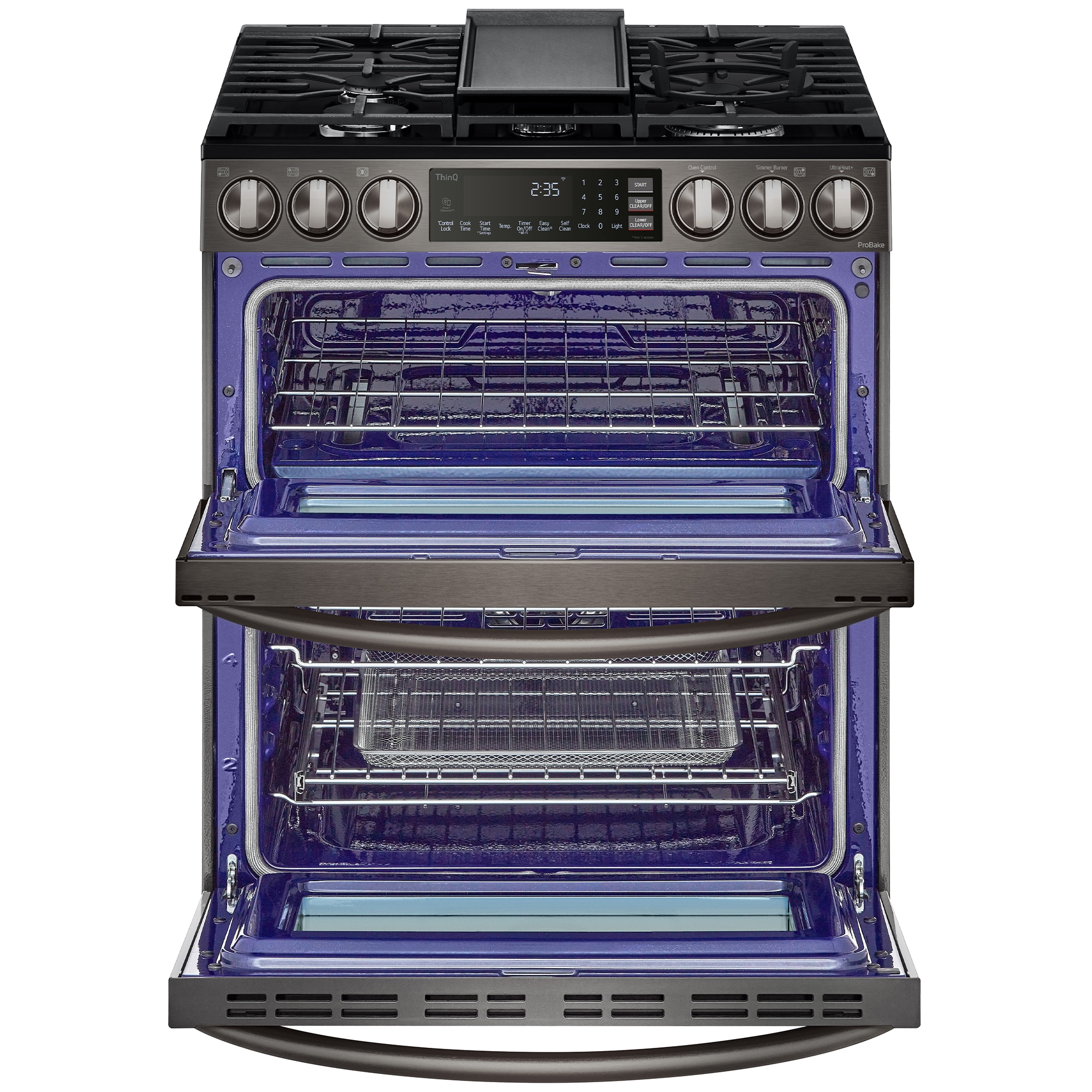 LG InstaView 30 in. 6.9 cu. ft. Smart Air Fry True European Convection Double Oven Slide-In Gas Range with 5 Sealed Burners & Griddle - PrintProof Black Stainless Steel, PrintProof Black Stainless Steel, hires