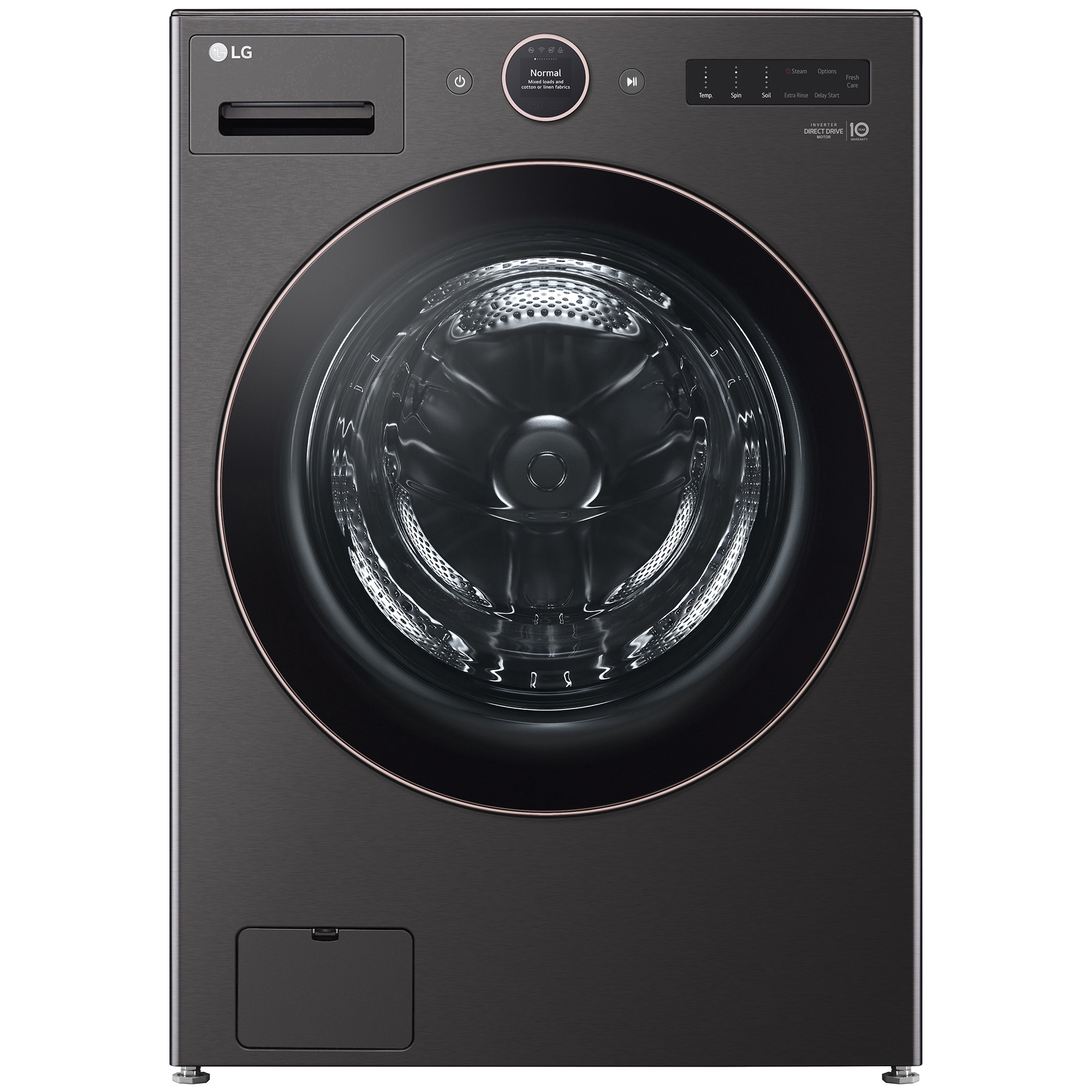 LG 27 in. 5.0 cu. ft. Smart Stackable Front Load Washer with AI DD Built-In Intelligence, TurboWash 360 Technology, Allergiene, Sanitize & Steam Wash Cycle - Black, Black Steel, hires