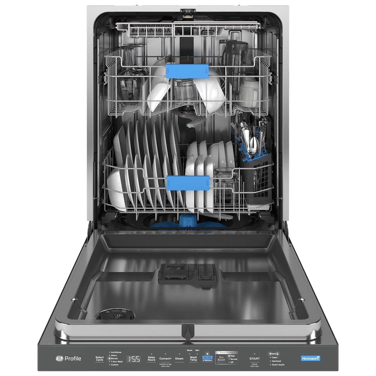 GE Profile 24 in. Top Control Flush-Mount Smart Dishwasher with 39 dBa Sound Level, 3rd-Rack & Twin Turbo Dry Boost - Fingerprint Resistant Stainless, , hires