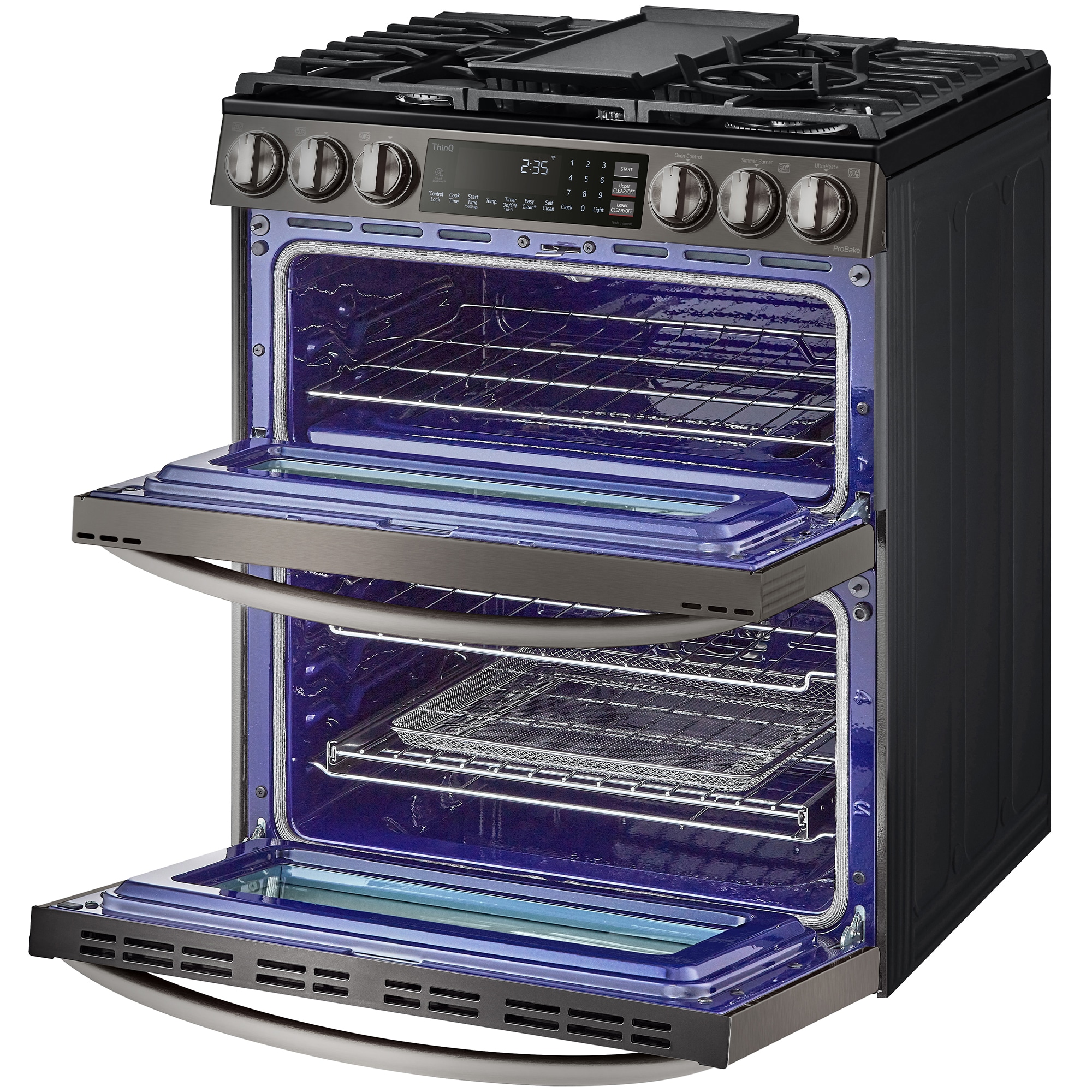 LG InstaView 30 in. 6.9 cu. ft. Smart Air Fry True European Convection Double Oven Slide-In Gas Range with 5 Sealed Burners & Griddle - PrintProof Black Stainless Steel, PrintProof Black Stainless Steel, hires