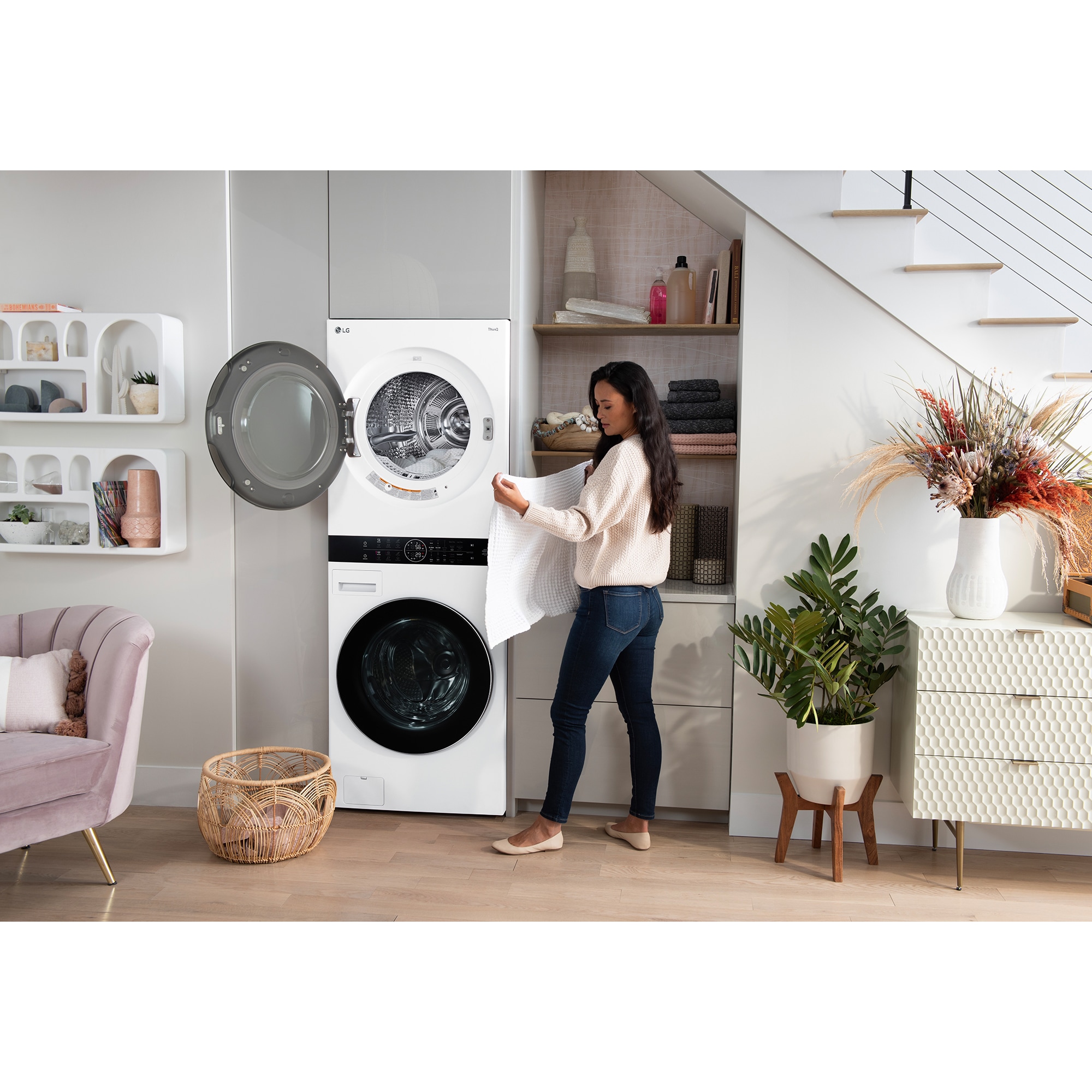 LG 27 in. 5.0 cu. ft. Smart Electric Front Load Ventless WashTower with Heat Pump, Center Control, AI Sensor Dry, Sanitize & Steam Cycle - White, , hires