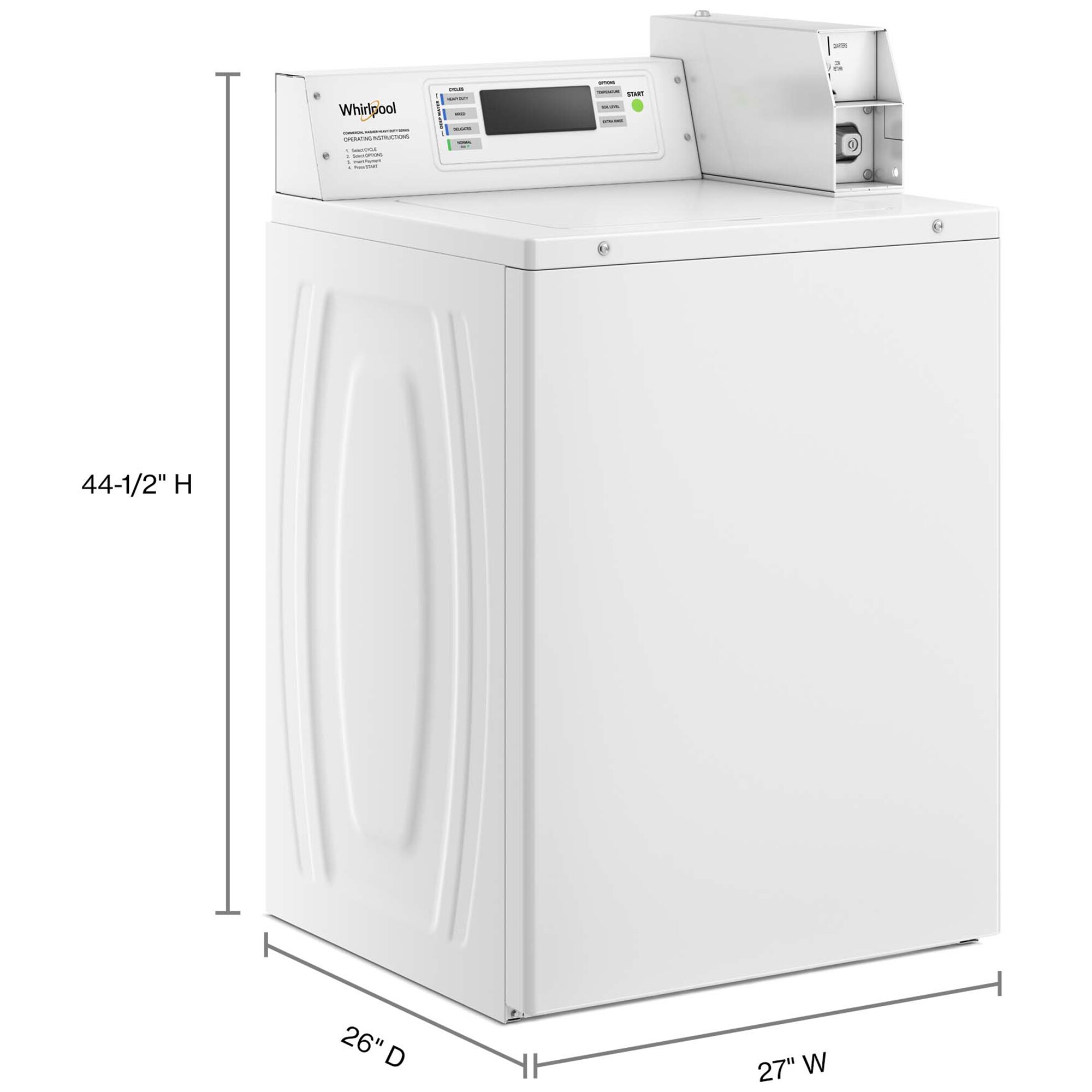 Whirlpool 27 in. 3.3 cu. ft. Smart Commercial Top Load Washer with Agitator, Factory-Installed Coin Drop & Coin Box - White, , hires