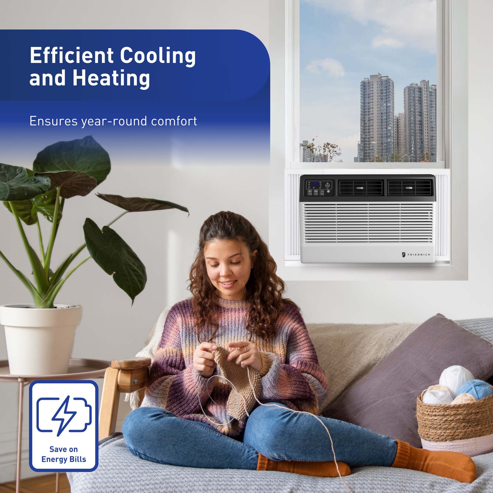 Friedrich Chill Premier Series 8,000 BTU 115V Smart Window/Wall Air Conditioner with Electric Heat, 3 Fan Speeds, Remote Control - White, , hires