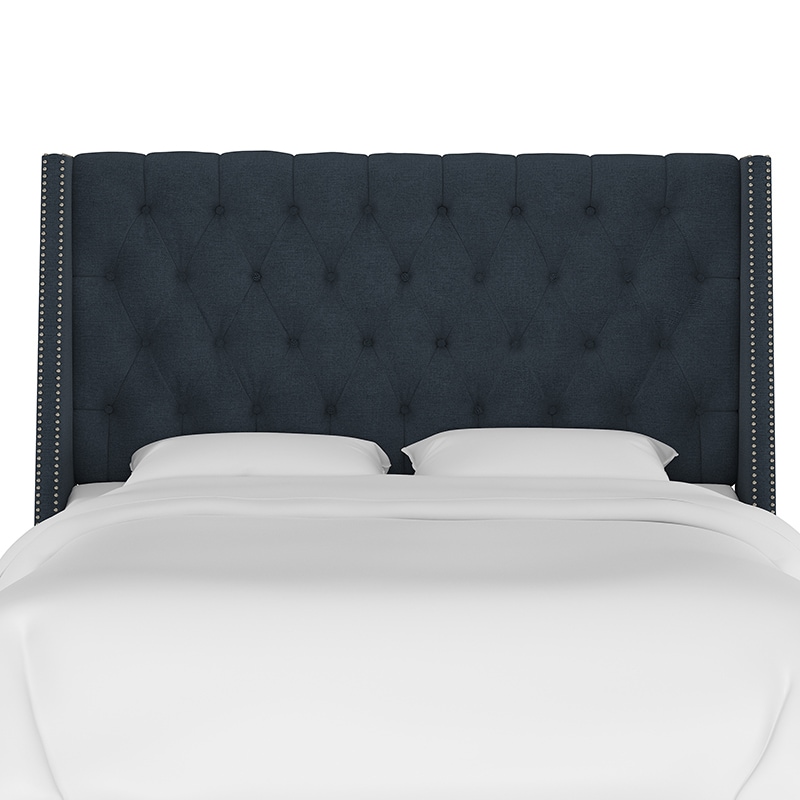 Skyline Twin Nail Button Tufted Wingback Headboard in Linen - Navy, Navy, hires