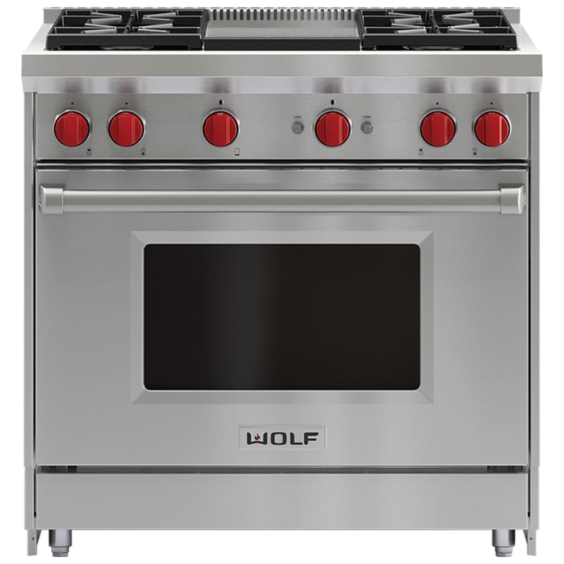 Wolf 36 in. 5.5 cu. ft. Standard Convection Gas Range with 4 Sealed Burners & Griddle - Stainless Steel, , hires