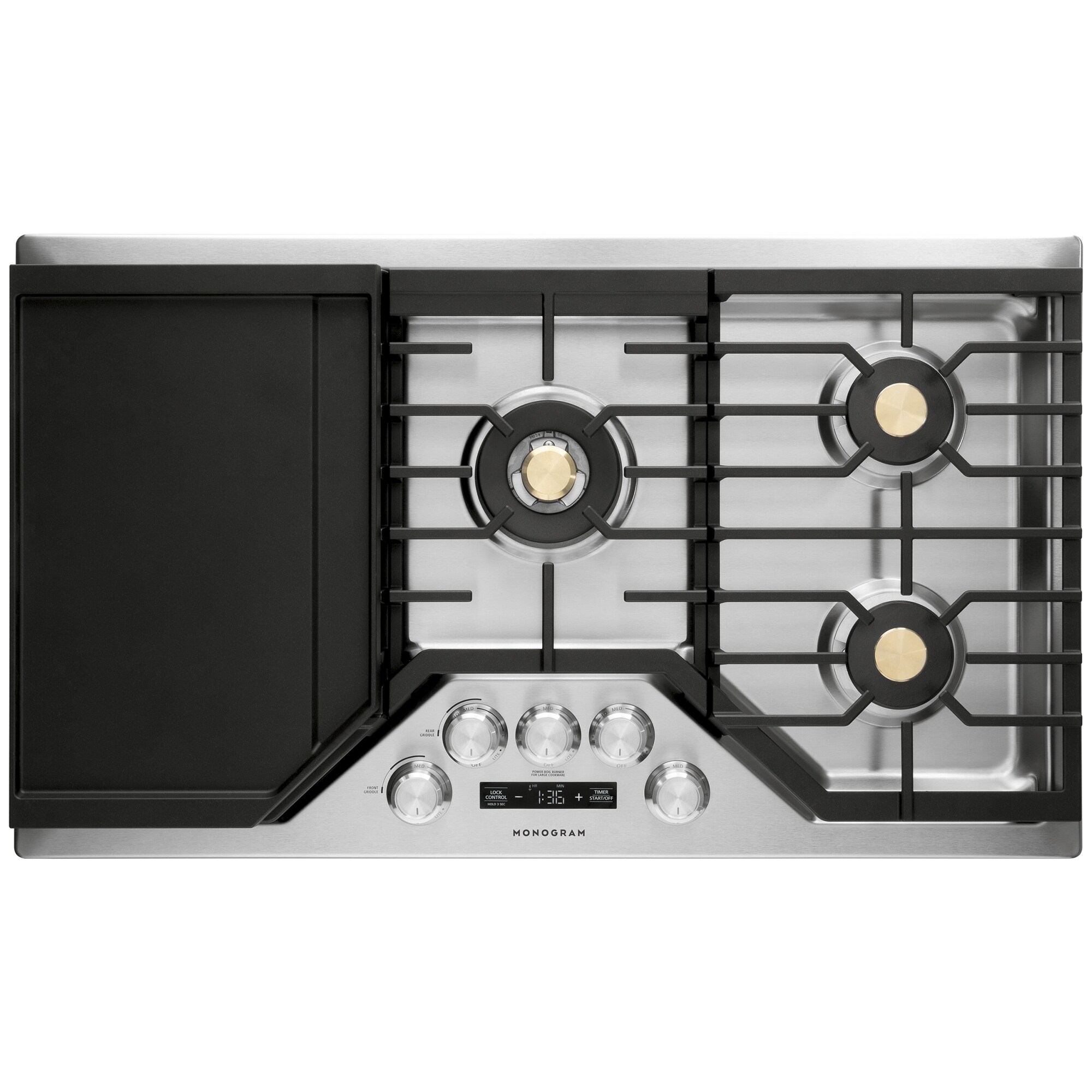 Monogram 36 in. 5-Burner Smart Natural Gas Cooktop with Griddle, Simmer Burner & Power Burner - Stainless Steel, , hires
