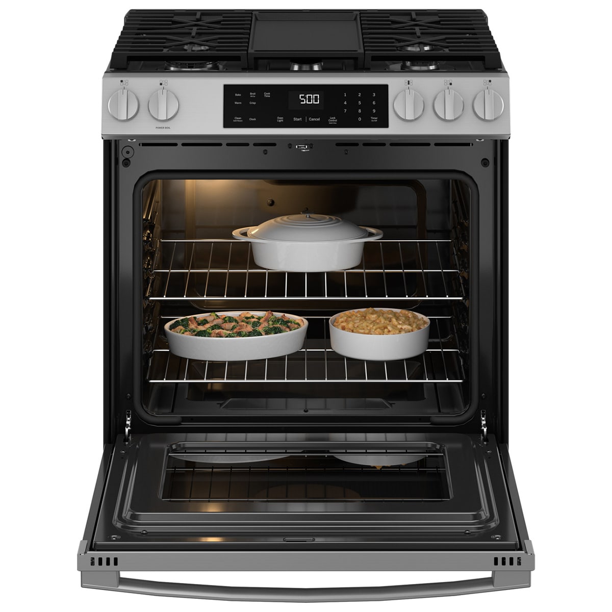 GE 500 Series 30 in. 5.3 cu. ft. Slide-In Gas Range with 5 Sealed Burners & Griddle - Stainless Steel, , hires