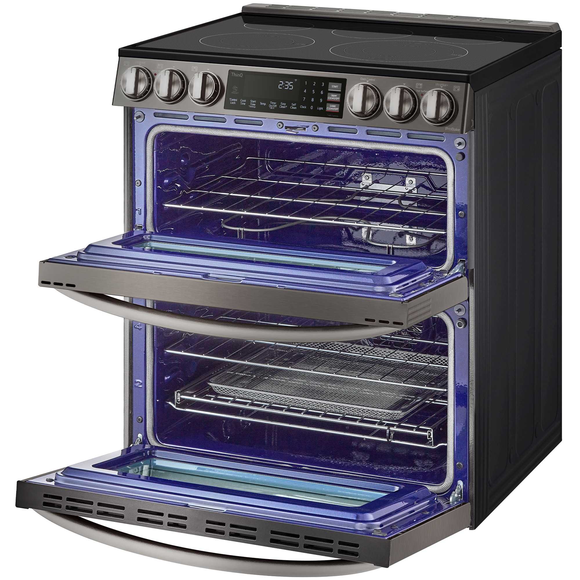 LG InstaView 30 in. 7.3 cu. ft. Smart Air Fry True European Convection Double Oven Slide-In Electric Range with Smoothtop Burners - PrintProof Black Stainless Steel, PrintProof Black Stainless Steel, hires