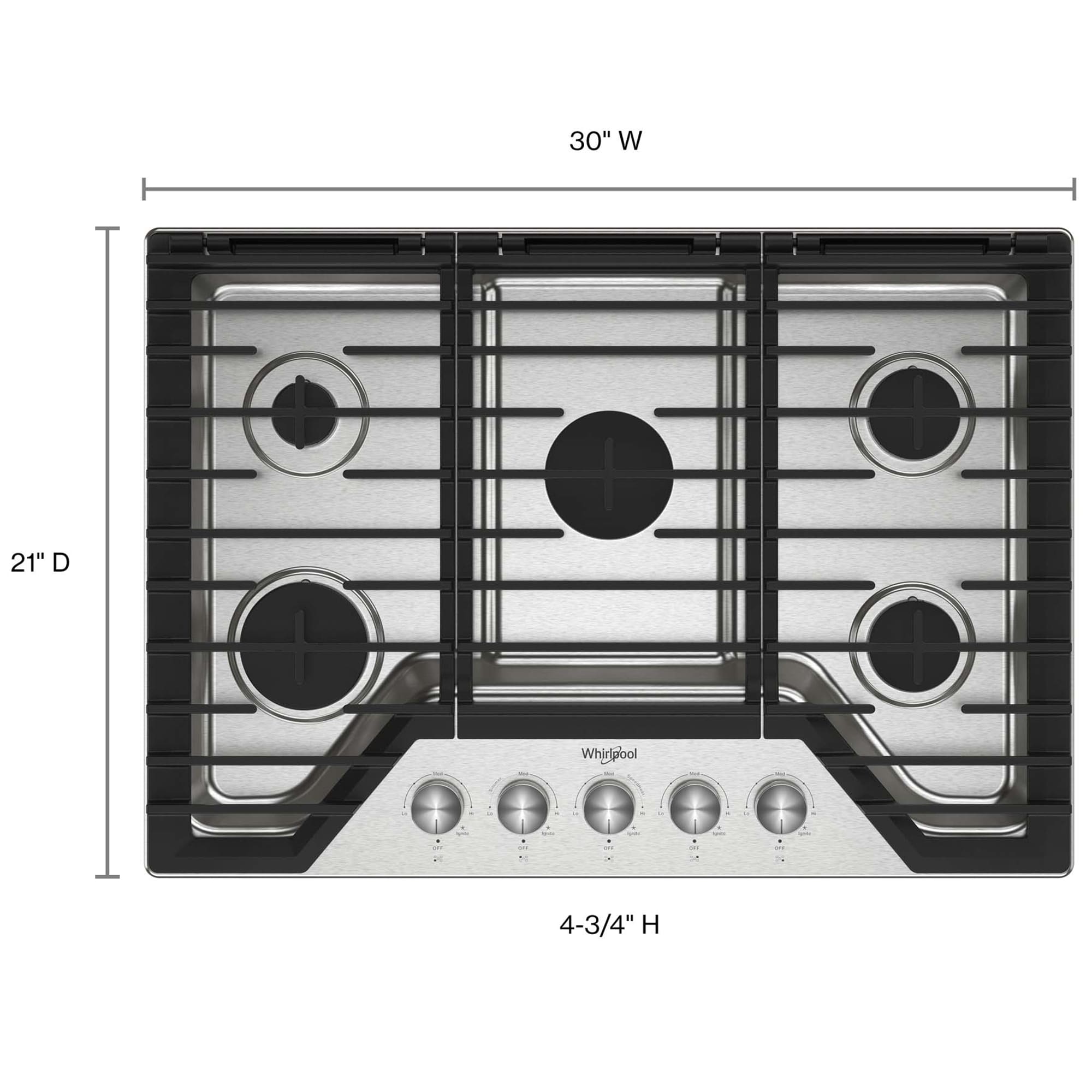 Whirlpool 30 in. 5-Burner Natural Gas Cooktop with Simmer Burner & Power Burner - Stainless Steel, , hires