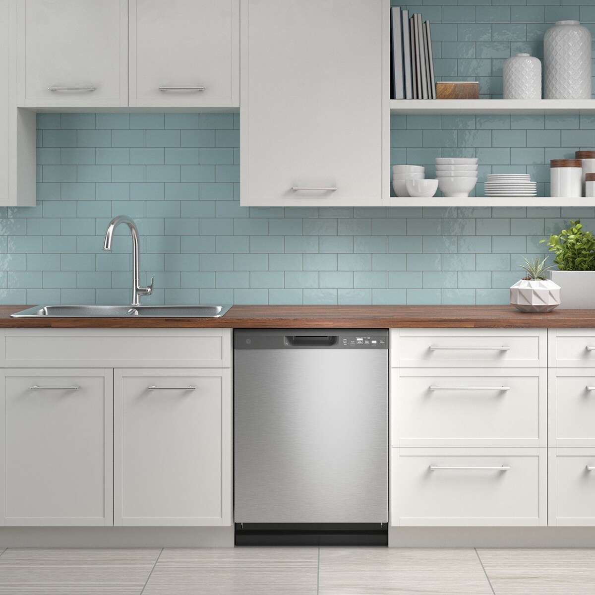 GE 24 in. Front Control Flush-Mount Dishwasher with 55 dBa Sound Level, Dry Boost & Pocket Handle - Stainless Steel, Stainless Steel, hires