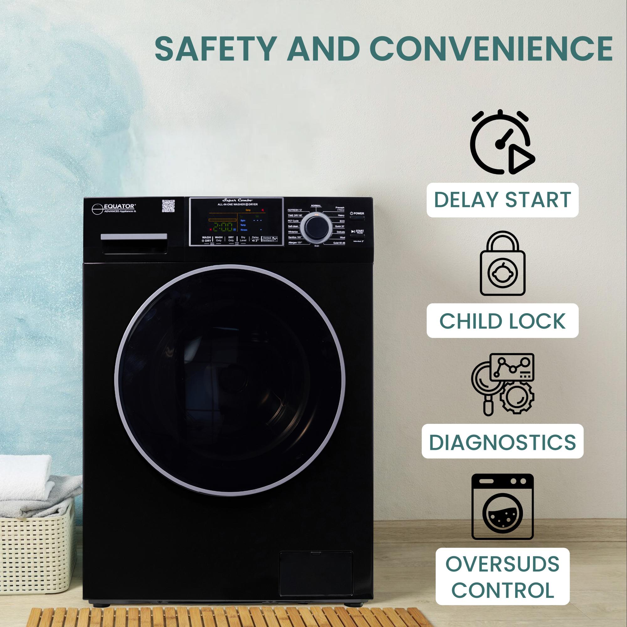 Equator 24 in. 1.6 cu. ft. Electric Front Load Vented/Ventless All-in-One Laundry Center with Pet Cycle, Sanitize Cycle & Sensor Dry - Black, Black, hires