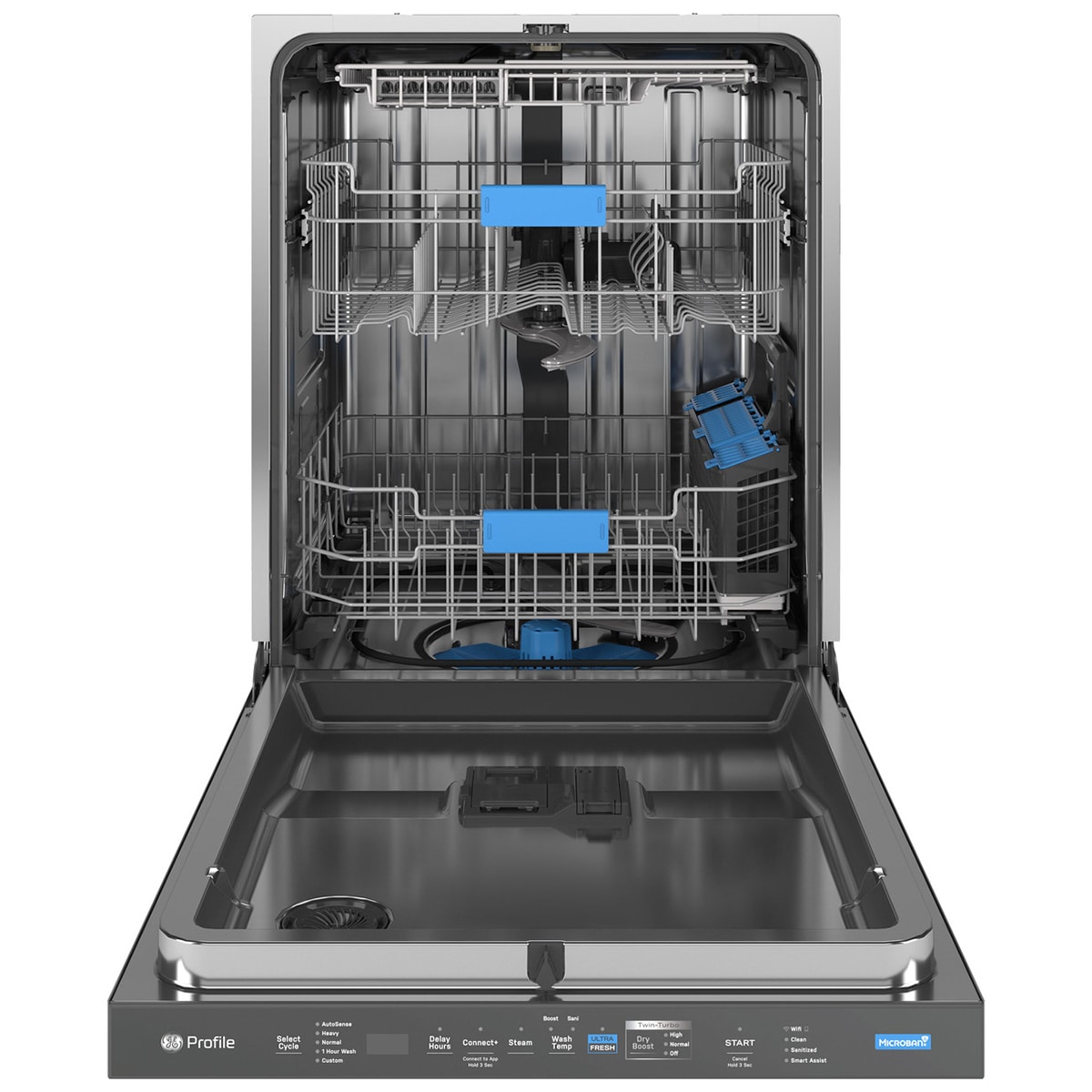 GE Profile 24 in. Top Control Flush-Mount Smart Dishwasher with 42 dBa Sound Level, 3rd-Rack, Twin Turbo Dry Boost & Pocket Handle - Fingerprint resistant Black Stainless, , hires