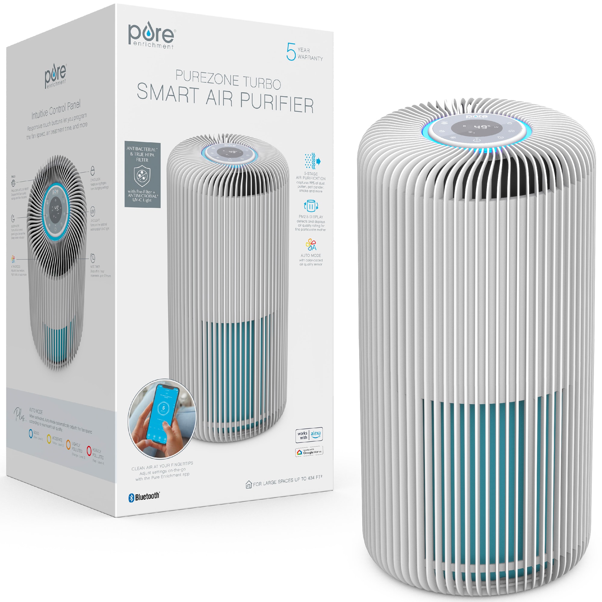 Pure Enrichment 11 in. HEPA Air Purifier with 5 Stages of Filtration, 4 Fan Settings & Sleep Mode - White, , hires