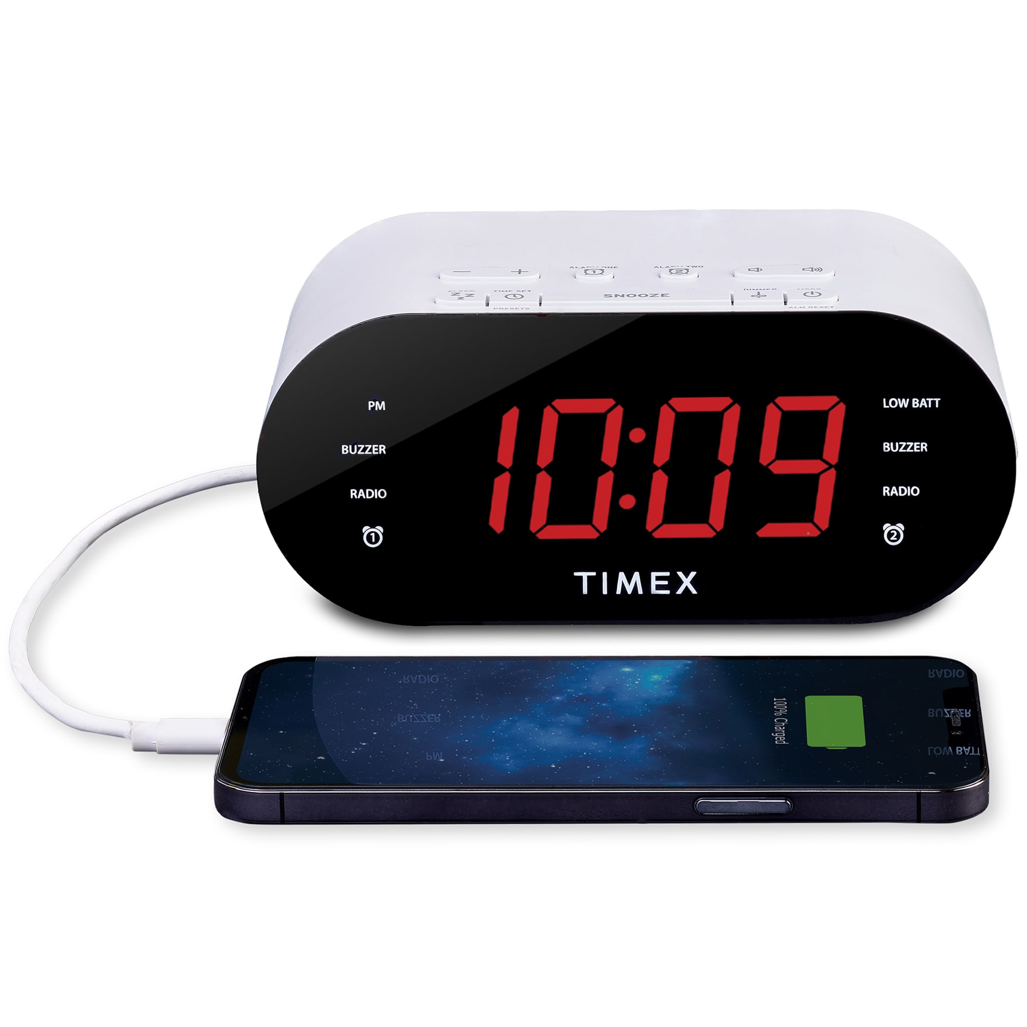 Timex Alarm Clock for Bedroom with FM Radio and USB Charging - White (T232W), , hires