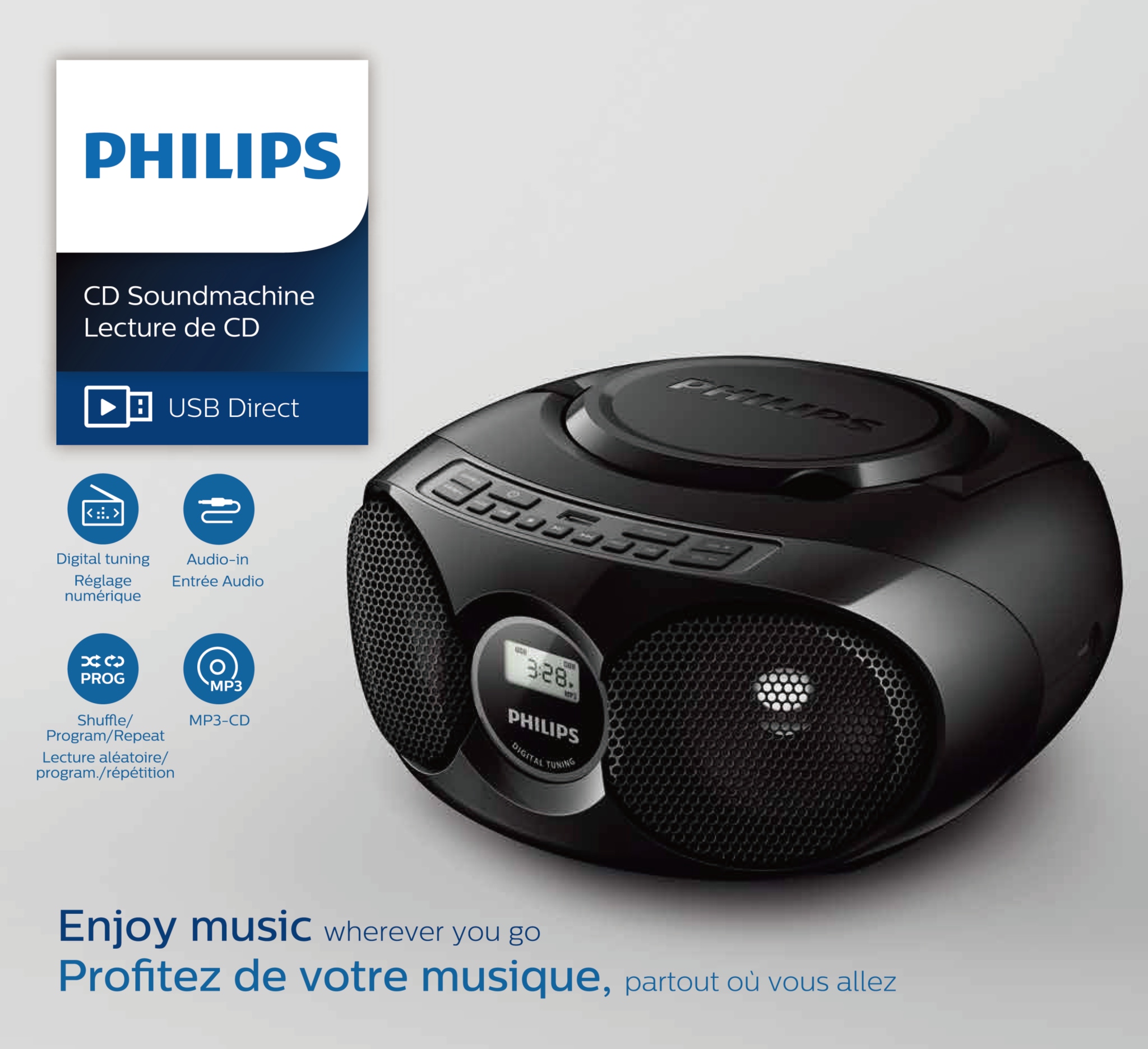 Philips Black Compact Single CD Soundmachine USB FM Ready Boombox