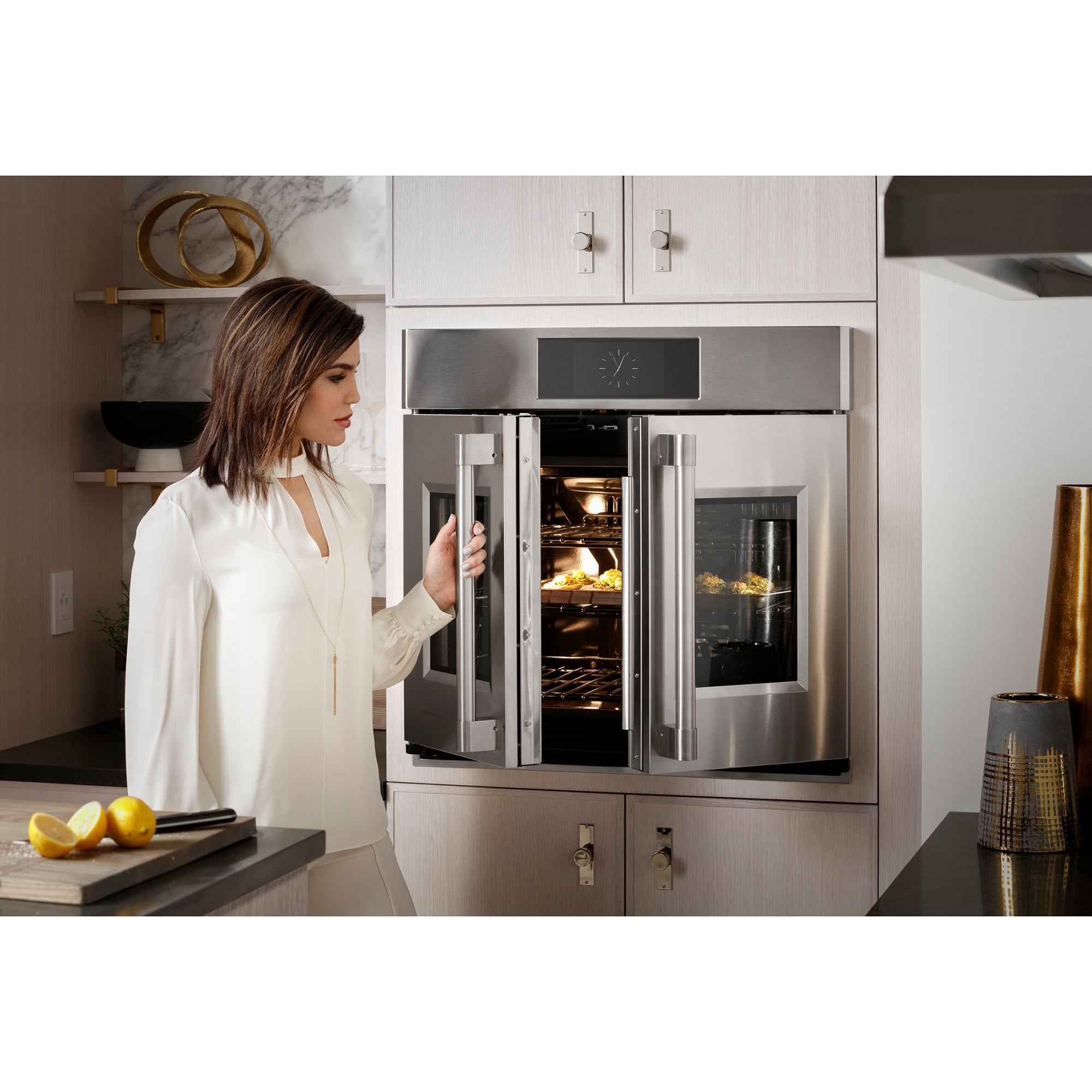 Monogram Statement Series 30 in. 10 cu. ft. Smart Top Control SpeedElectric Double Wall Oven with True European Convection - Stainless Steel, , hires
