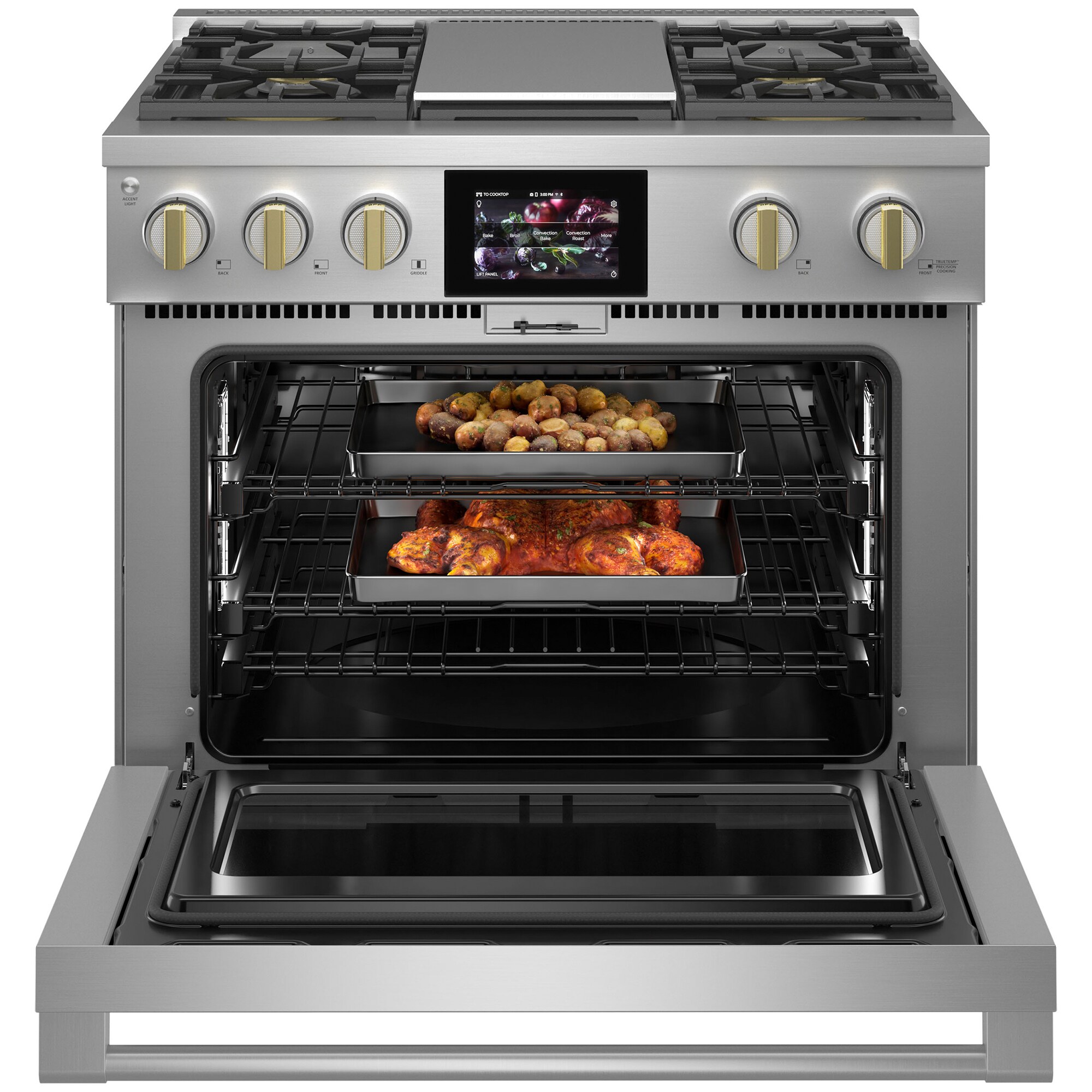 Monogram Statement Series 36 in. 5.7 cu. ft. Smart Air Fry True European Convection Dual Fuel Range with 4 Sealed Burners & Griddle - Stainless Steel, , hires