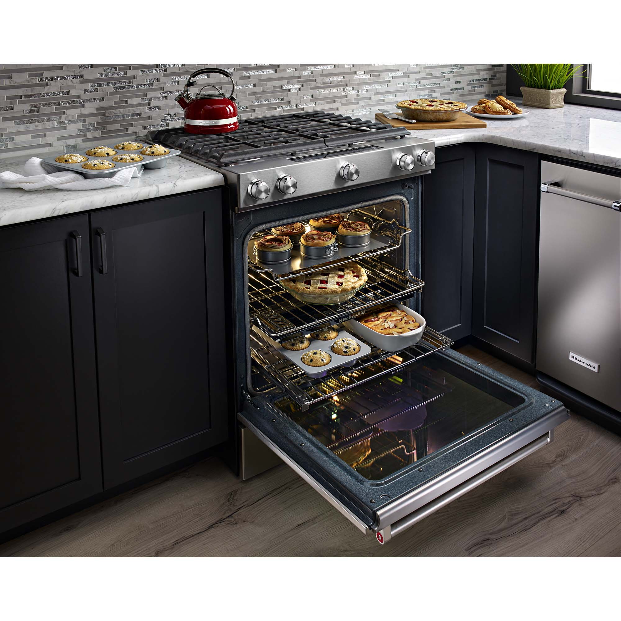 KitchenAid 30 in. 6.5 cu. ft. True European Convection Slide-In Gas Range with 5 Sealed Burners & Griddle - Stainless Steel, , hires