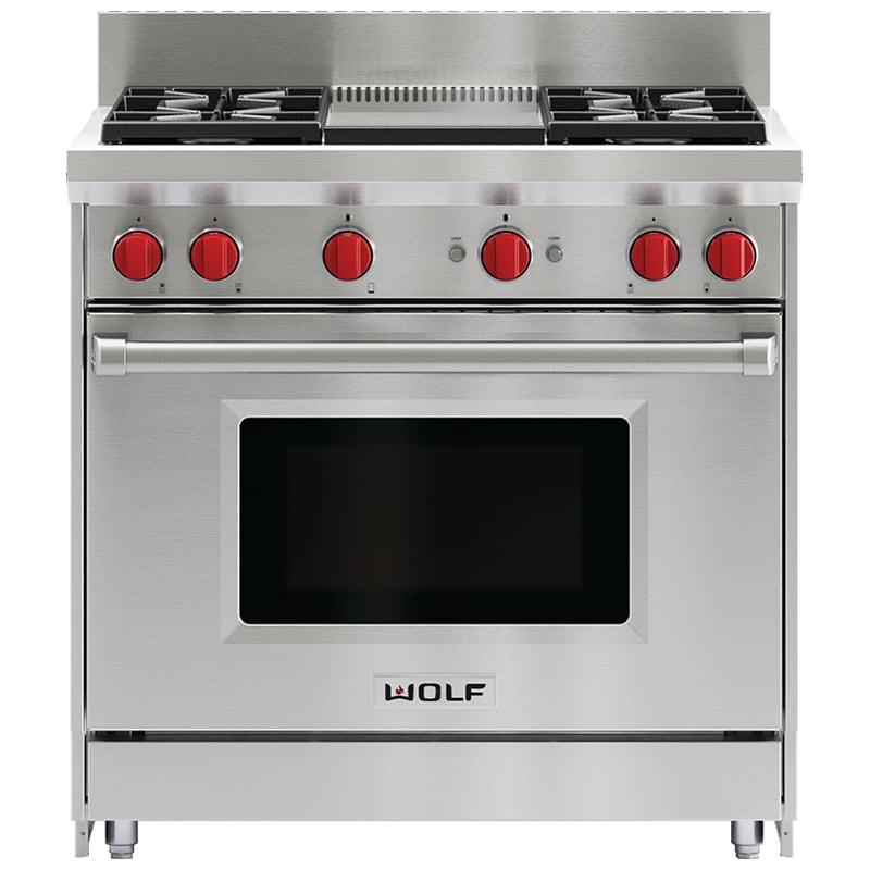Wolf 36 in. 5.5 cu. ft. Standard Convection Gas Range with 4 Sealed Burners & Griddle - Stainless Steel, , hires