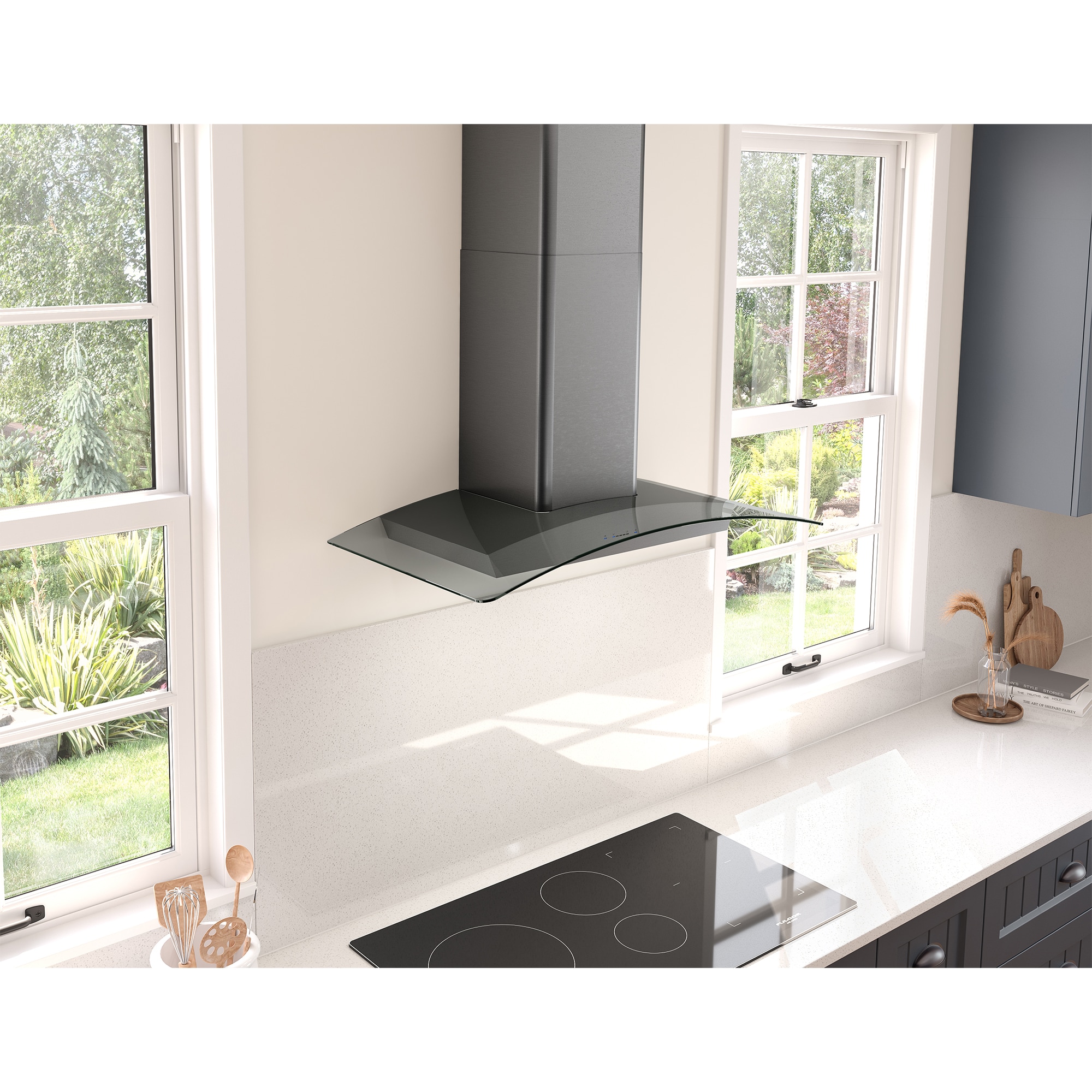 Zephyr 36 in. Convertible Chimney Style Range Hood with 600 CFM, 5 Fan Speeds & 2 LED Lights - Black Stainless, , hires