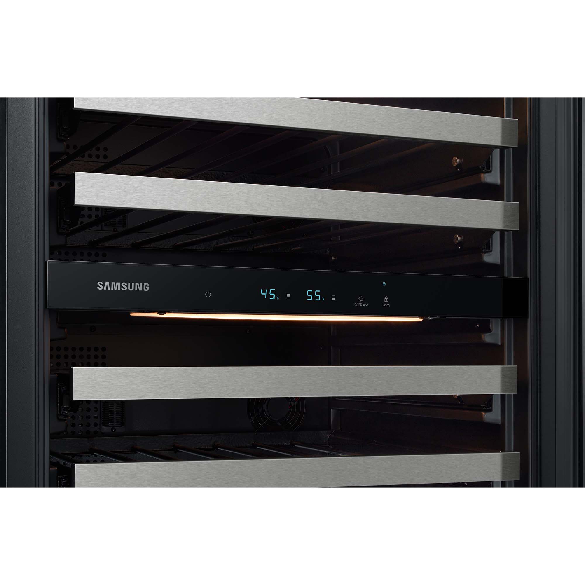 Samsung 24 in. Undercounter Wine Cooler with Wire Racks, Dual Temperature Zones & 51 Bottle Capacity - Stainless Steel, , hires