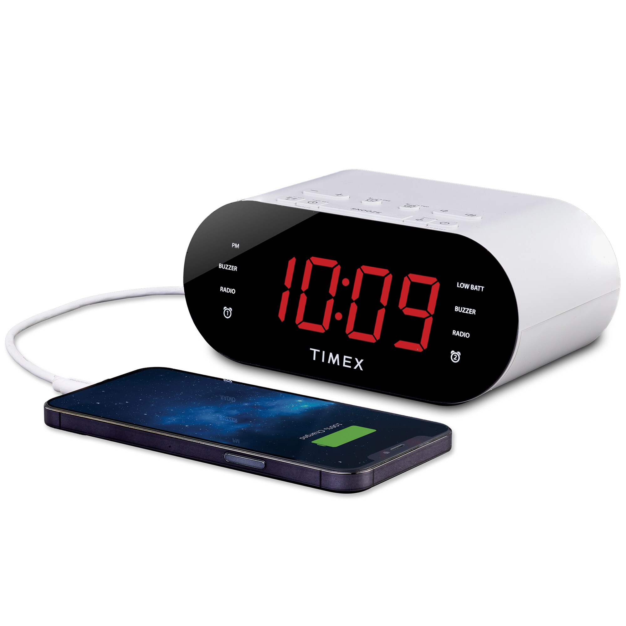 Timex Alarm Clock for Bedroom with FM Radio and USB Charging - White (T232W), , hires