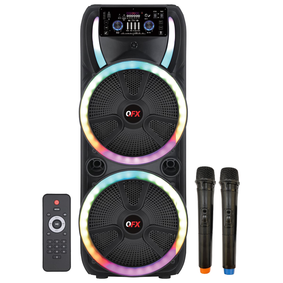 QFX Dual 15 Bluetooth Rechargeable Party PA Speaker with Two Wireless Mics & Remote - Black, , hires