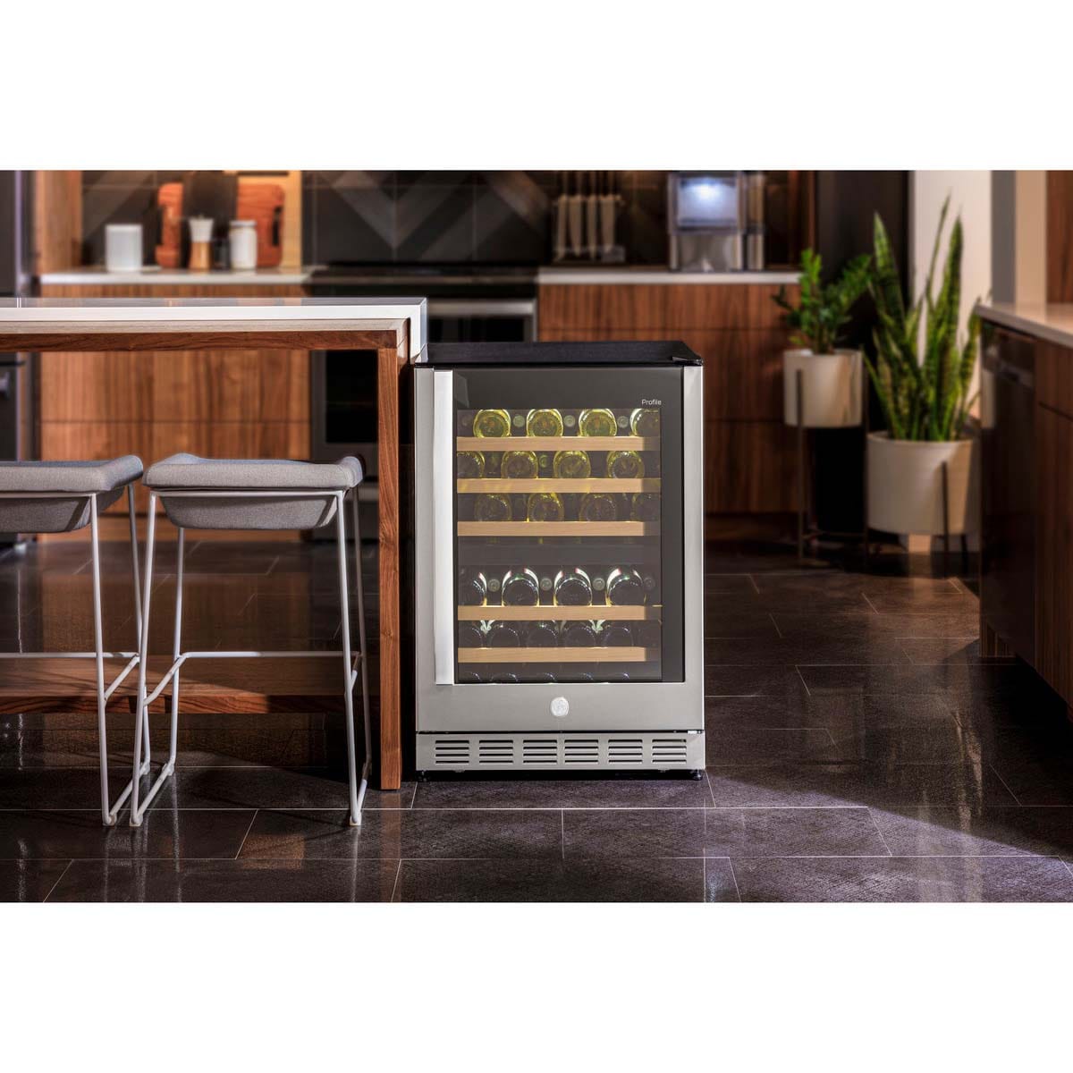 GE 24 in. Undercounter Wine Cooler with Wood Racks, Dual Temperature Zones & 44 Bottle Capacity - Stainless Steel, , hires