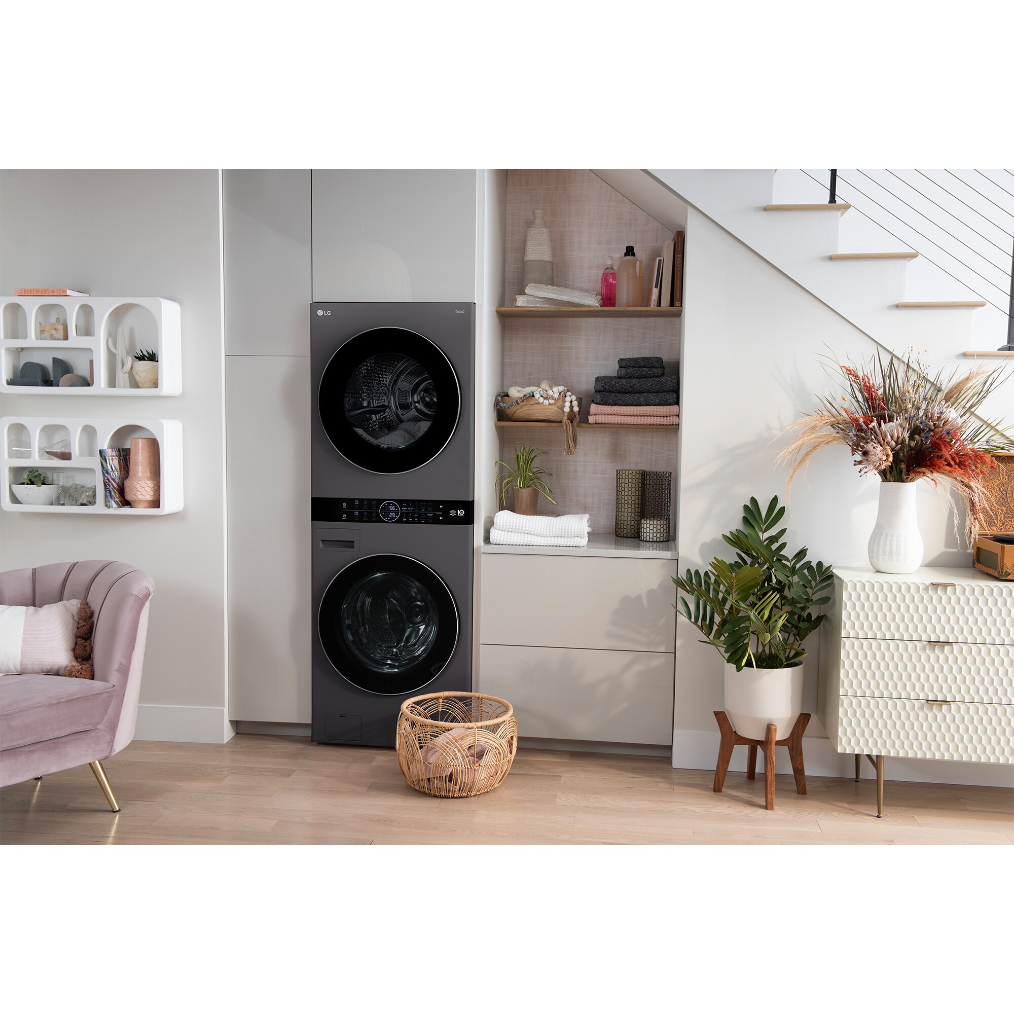 LG 27 in. 5.0 cu. ft. Smart Electric Front Load Ventless WashTower with Heat Pump, Center Control, AI Sensor Dry, Sanitize & Steam Cycle - Black Steel, , hires