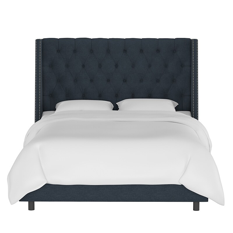 Skyline California King Nail Button Tufted Wingback Bed in Linen - Navy, Navy, hires